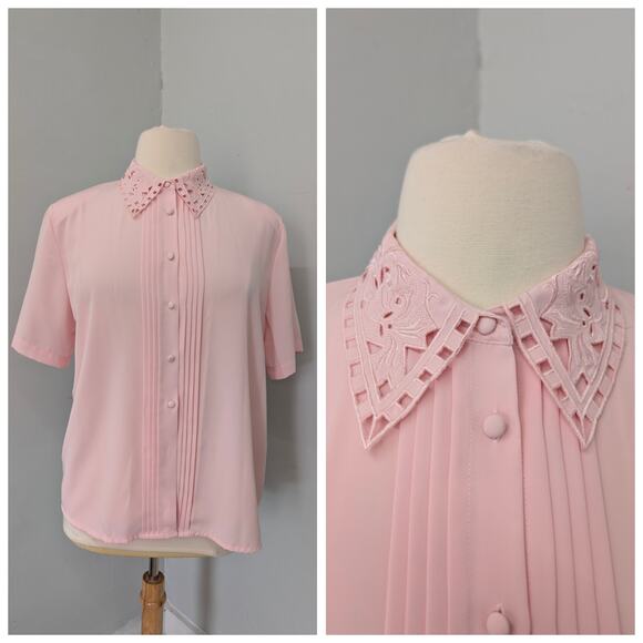 Croft & Barrow Tops - 80s Croft & Barrow XL Pink Blouse Cutwork Embroidered Collar Pin Tuck Pleats